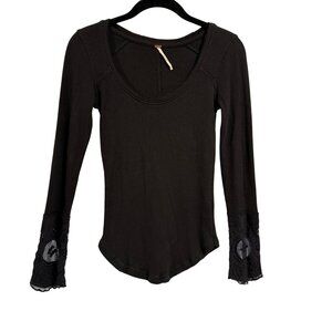 Free People Lovely Lady Lace Cuff Thermal Black Top Size S